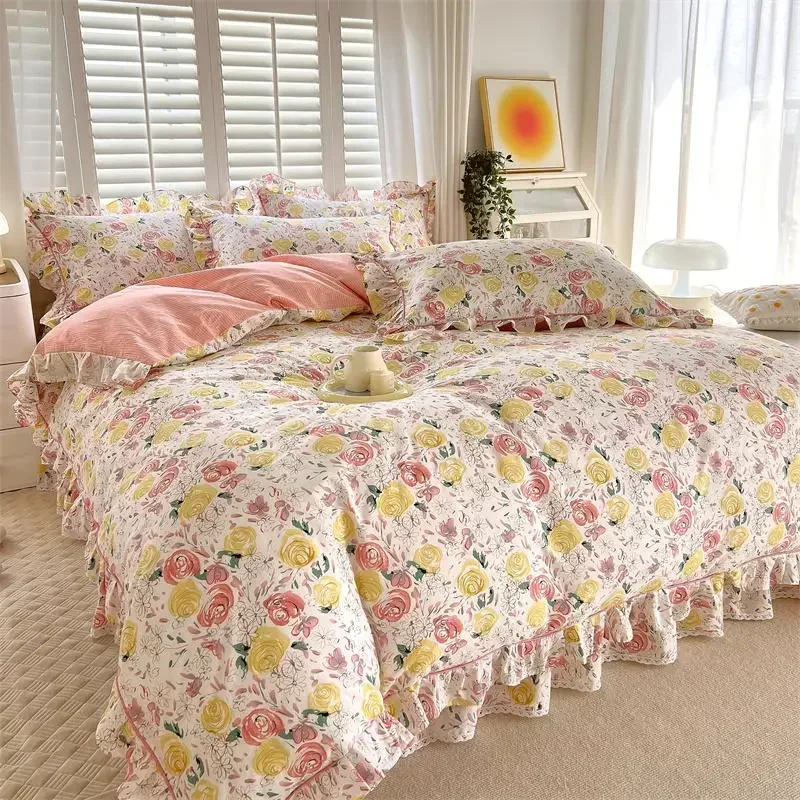 Lace Duvet Cover Single Style Floral Bedding Set Cotton Comforter Green Double Korean Quilt Cover Kawaii Ruffle Flower Bedspread