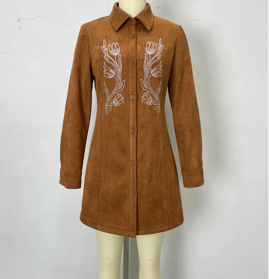 

Woman Blouse 2025 Spring Autumn New Turn-Down Collar Single Row Multi-Button Embroidered Suede Long Medium Length Sleeve Shirt