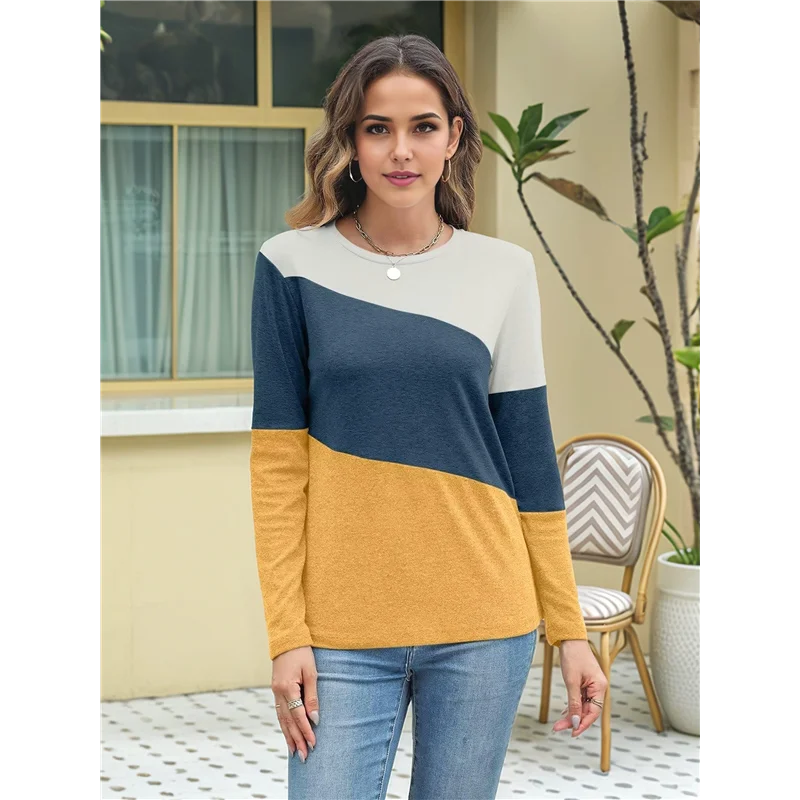 

NEW-Women's Color Block Tops Casual Long Sleeve Tunic Round Neck Pullover Shirts