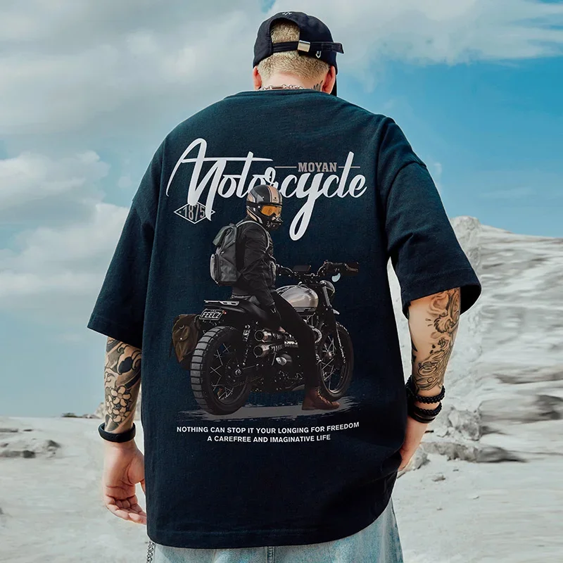 American Streetwear Motocicleta Homens Gráfico Impresso T-shirts Verão Casual Algodão Y2K Tee Tops Hip Hop Moda Oversized T Shirt