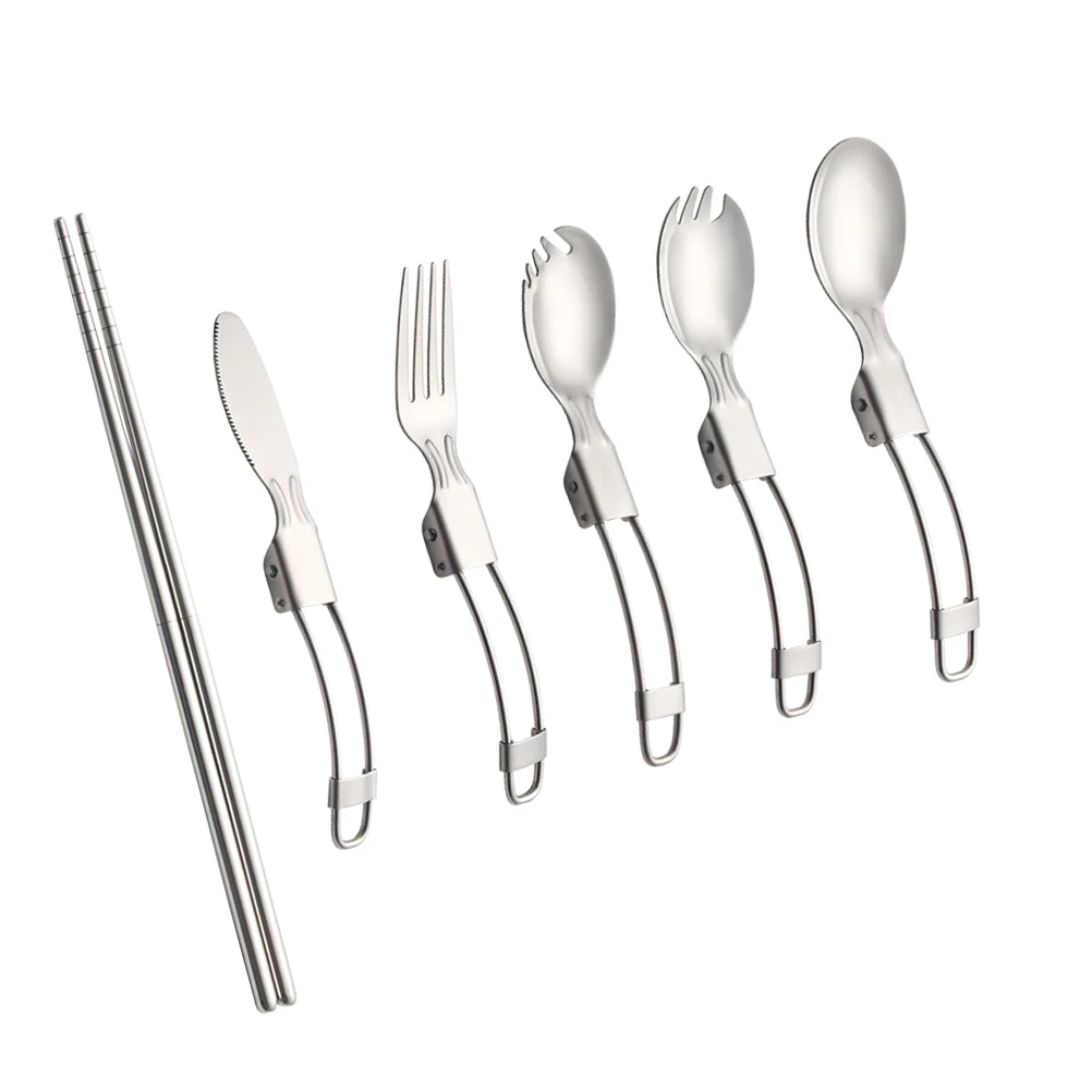 

1 set 1 Stainless Steel Outdoor Tableware Foldable Camping Cutlery Set For Picnic Hiking Bbq Foldable Spoon Fork Knife Set