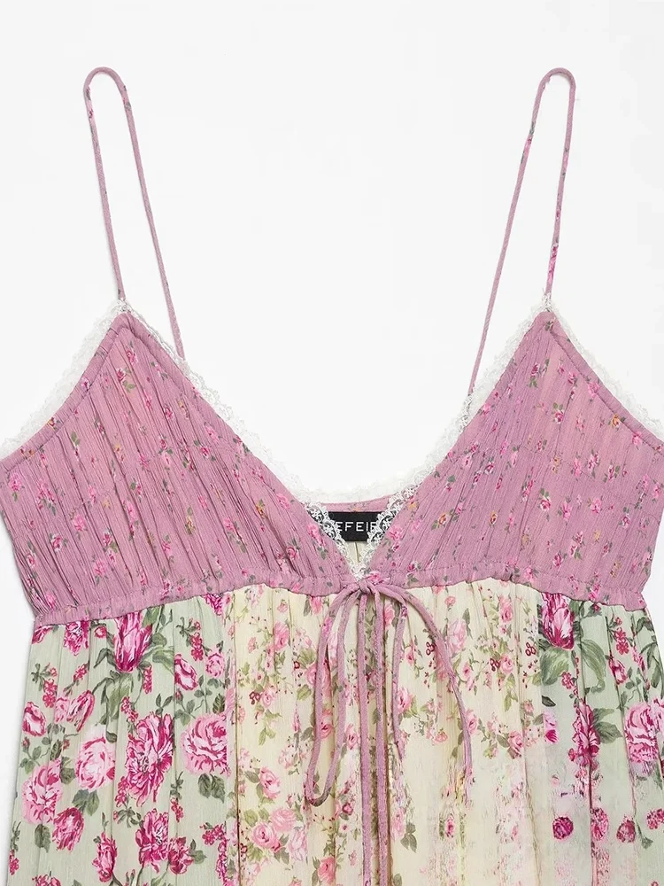 Sukienka damska KONDALA Beach Chic, patchworkowa, kwiatowa, bez rękawów, długa, prosta, typu vestidos, modna, elegancka sukienka w stylu boho na jesień 2025.