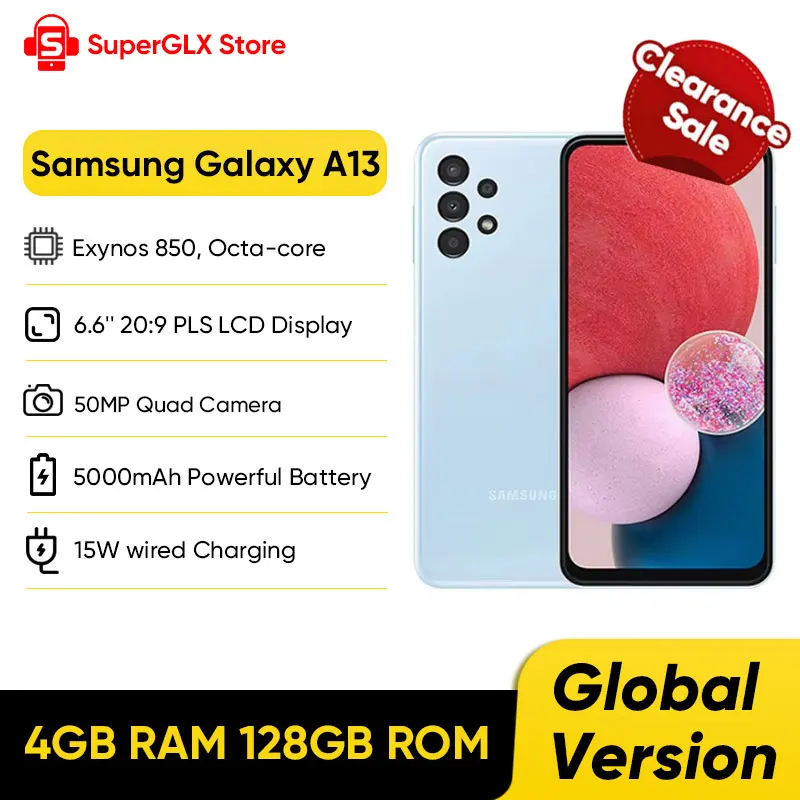 

100% оригинальный новый смартфон Samsung Galaxy A13 Exynos 850, восьмиядерный аккумулятор Android 12, 5000 мАч, 15 Вт, быстрая зарядка мобильного телефона