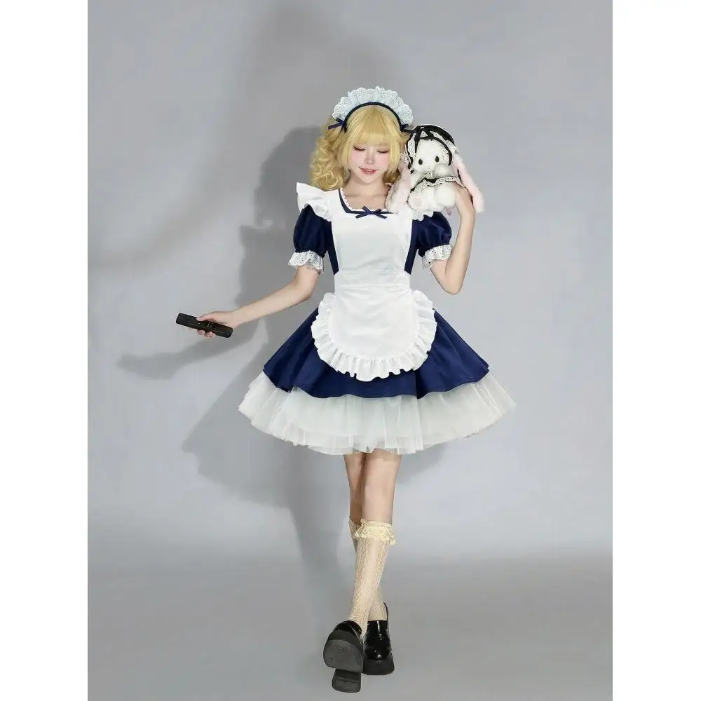 

Navy Blue Japanese Lolita Dress Women Cute Maid Dress with Headwear Puff Sleeve Coffee Party Outfit Comic Con Cosplay Costume