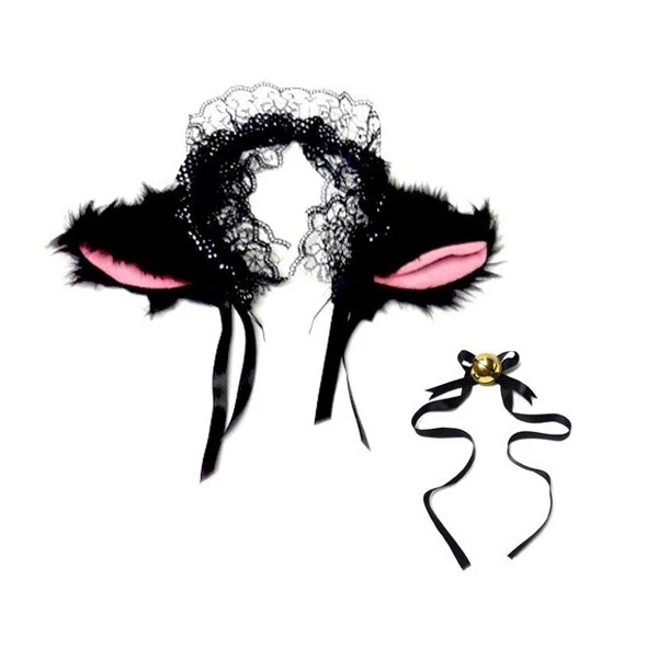 

Black Lovely Lace Cat Ears Headband Cosplay Hairpin Headwear Ribbon Neck Tie Small Bell Party Outfit Accessory