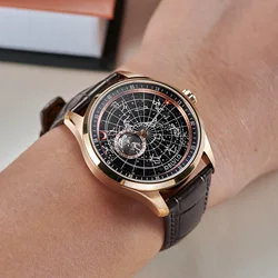 OBLVLO Fashion Men Automatic Mechanical Watch Luminous Earth Star Leather Strap Waterproof 12 Constellation Gift Clock GC