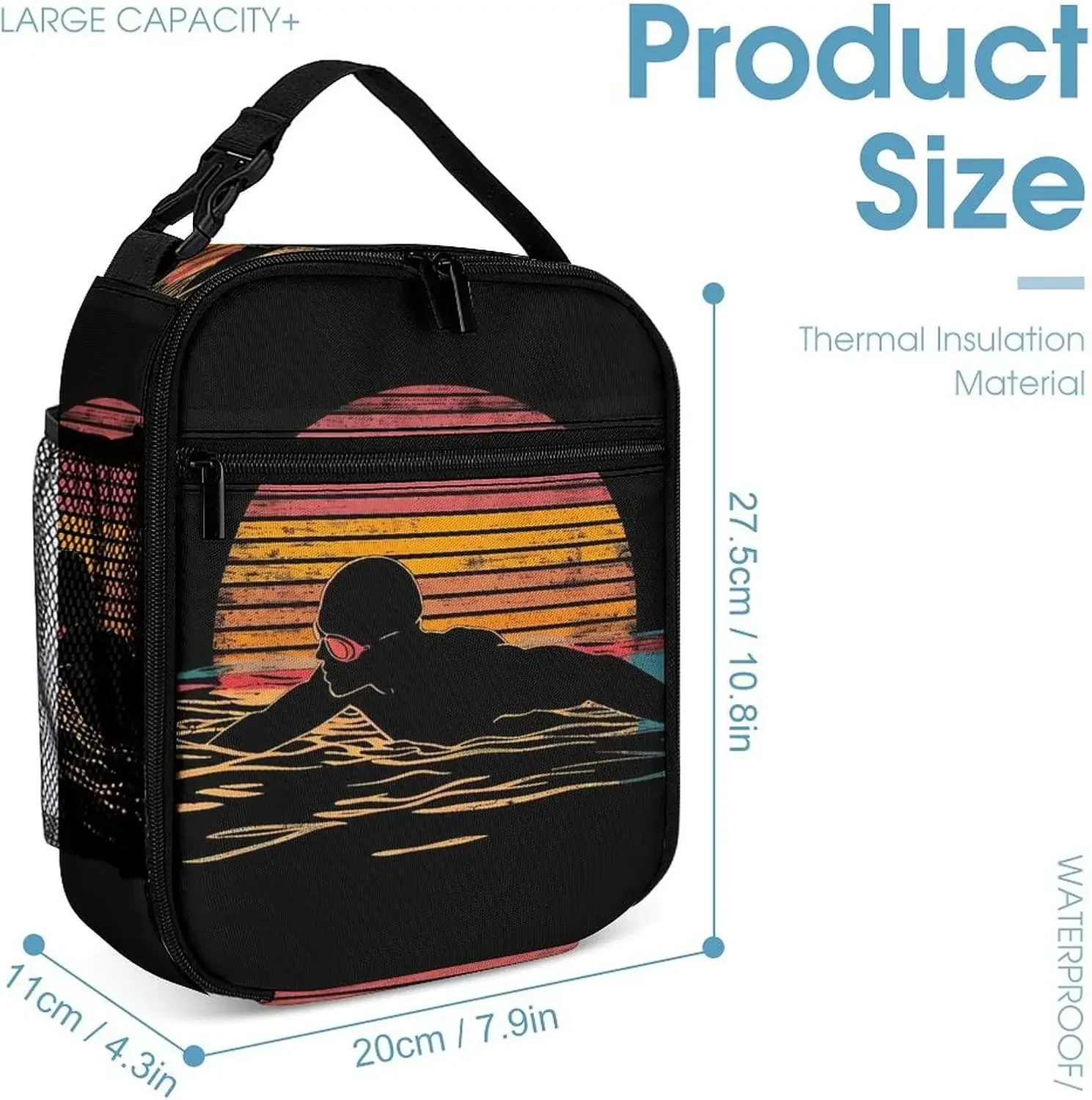 Vintage Swim Swimmer Swimming 80s Portable Lunch Bag Insulated Cold Preservation Lunch Box Funny Meal Pack Cooler Bag