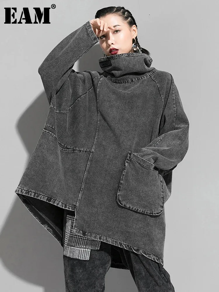 EAM Loose Fit Black Denim Big Size Sweatshirt New High Collar Long Sleeve Women Big Size Fashion Spring Autumn 2024 1K166