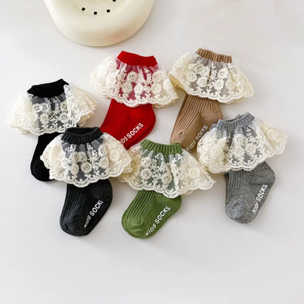 Soft Combed Cotton Toddler Lace Trim Socks Non-Slip Breathable Baby Princess Socks Multi-Color Infant Ruffle Socks Daily Use