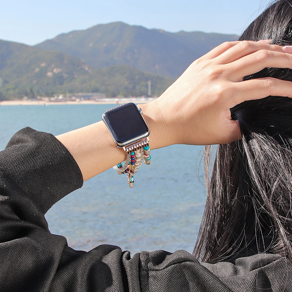 สายรัดข้อมือสำหรับ Apple Watch ขนาด 49 มม. Ultra 2 40 มม. 38 มม. 41 มม. สายรัดแบบยืดหยุ่นประดับลูกปัดสำหรับ iWatch Series 9 8 7 6 5 4 3 SE