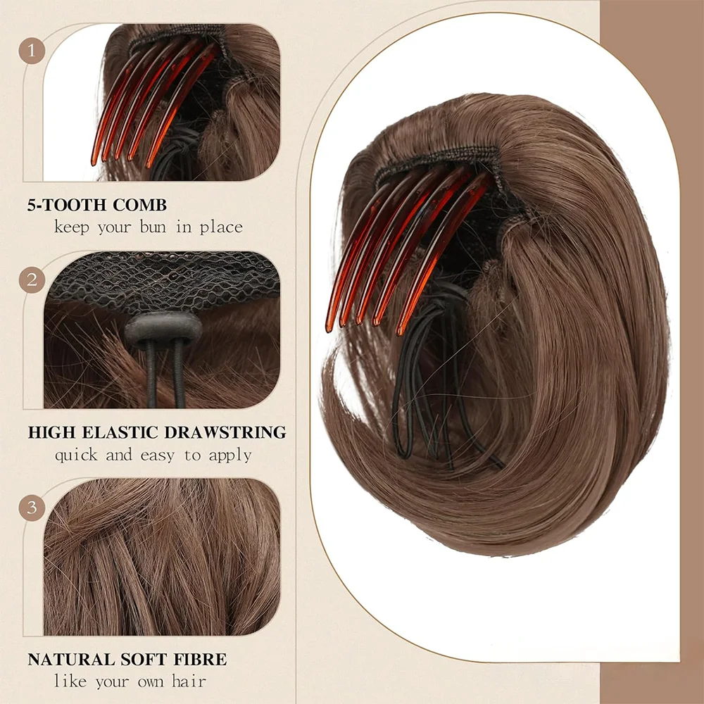Krótkie syntetyczne przedłużanie włosów - klips grzebieniowy i sznurek - Chignon, style kucyka - realistyczne, łatwe w noszeniu dla kobiet