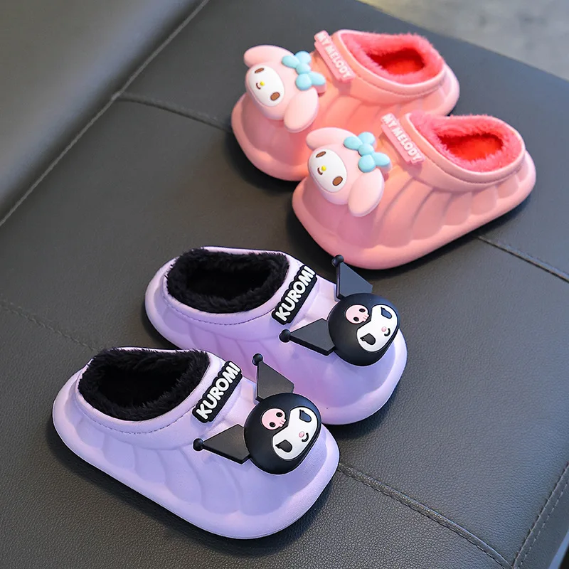 Winter Children's Cotton Slippers Warm Waterproof Plush Girl Anti Slip Cotton Cartoon Pink Purple Warm Shoes Size 24-36