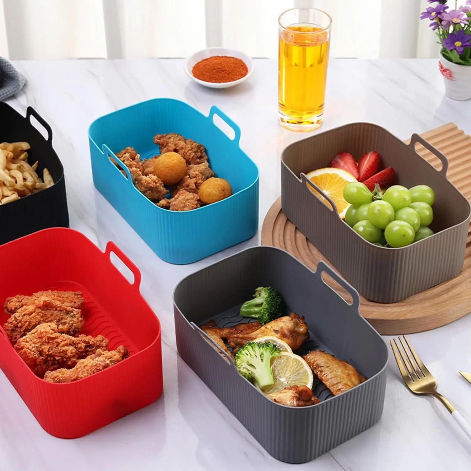 Air Fryers Pan Silicone Baking Pan Convenient Good Toughness 2 Basket Reusable Air Frying Pot Fryer Liner Rectangular Tray 2 Pcs