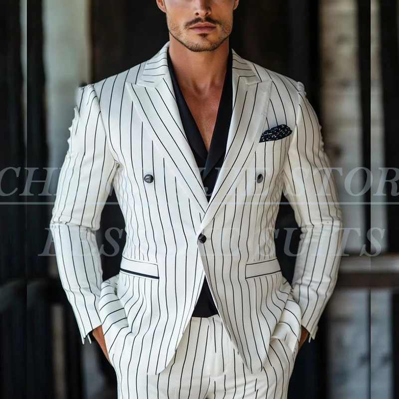 

Fashion White Stripe Men's Suits Outfits Elegant Double Breasted Peak Lapel Slim Fit Male Clothing Prom Party Blazer 2025