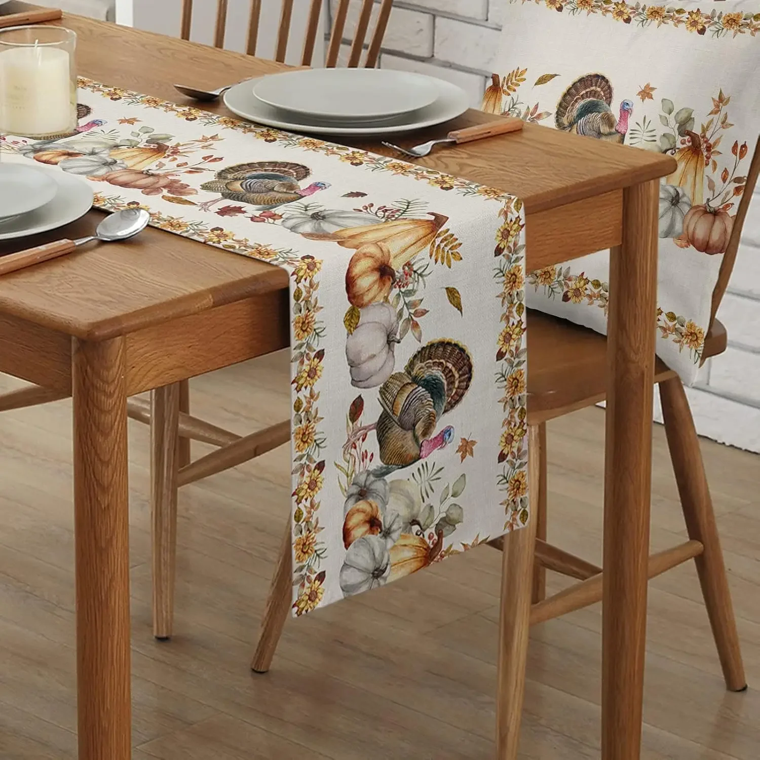 Thanksgiving Turkey Linen Table Runner Fall Pumpkin Maple Leaf Sunflower Table Runners Holiday Party Kitchen Dining Table Decor