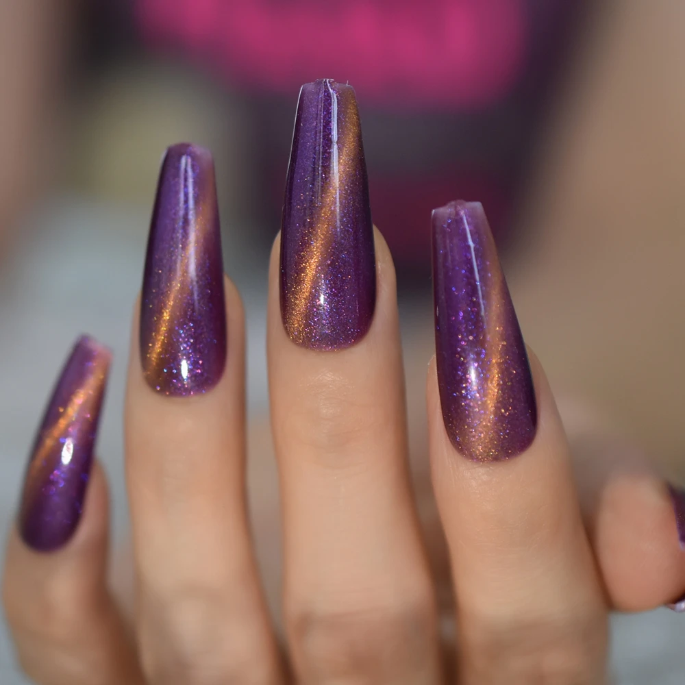 Hand Painted Fake Nails Extra Long Tapered Cat Eye Gel Nails Grape Purple Galaxry Charming Press On Nails 20 CT