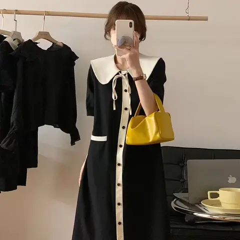 특대 사이즈 300파운드 블랙 돌칼라 슬리밍 롱 드레스 한국 스타일 출퇴근룩 여름 루즈핏 하이웨이스트 A라인 스커트 폴리에스터 섬유