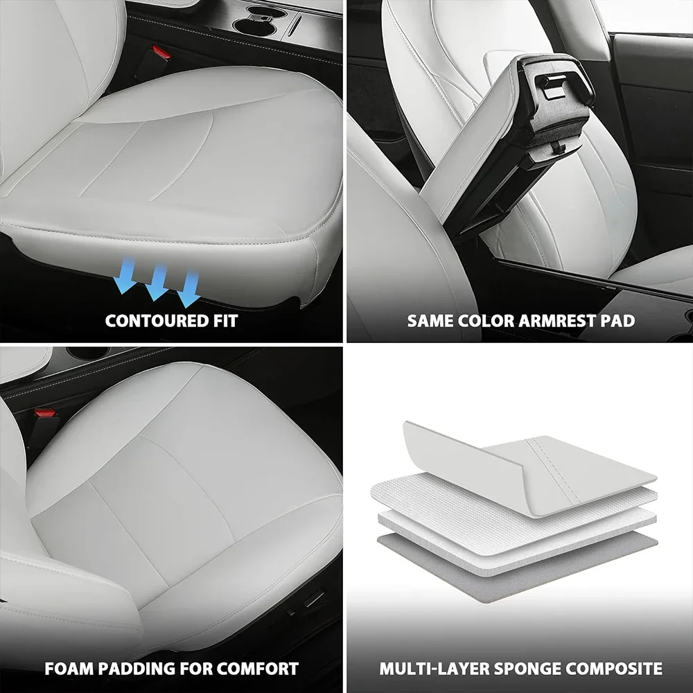 Full Set Car Seat Covers for 2017-2024 Tesla Model 3 Highland, White Nappa Leather Front and Rear Seat Cover Cushion Protectors