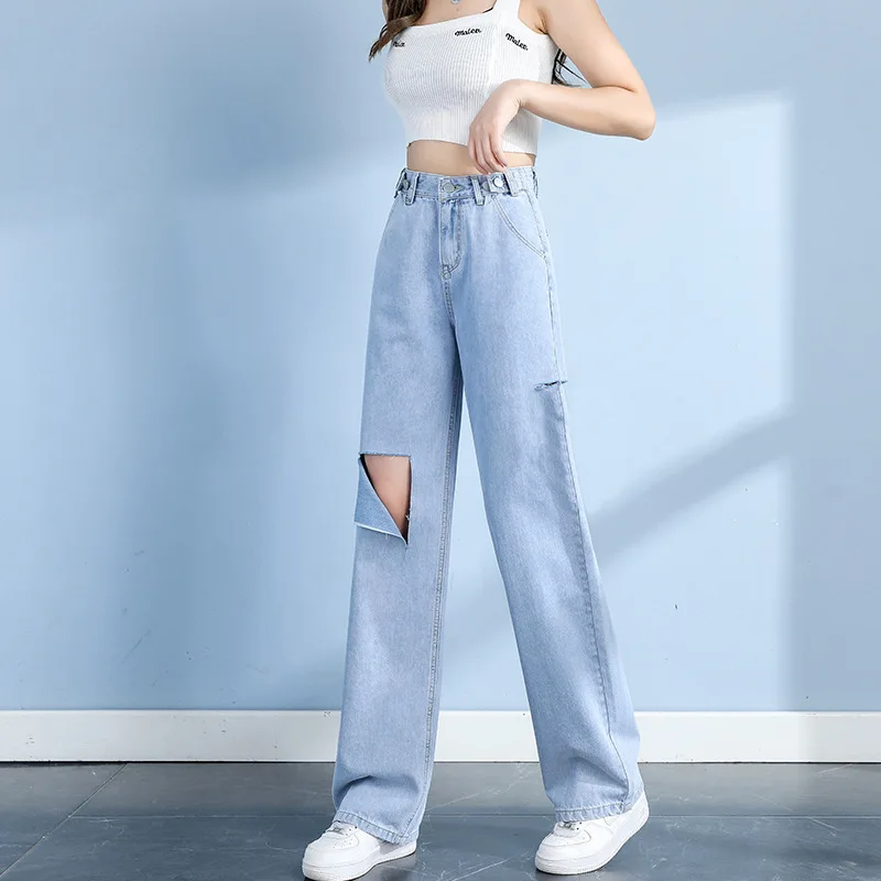 

Women's Light Blue High Waist Loose Slim Jeans New Thin Wide Leg Perforated Jeans Floor Slam Pants Female Lenght Style Pants