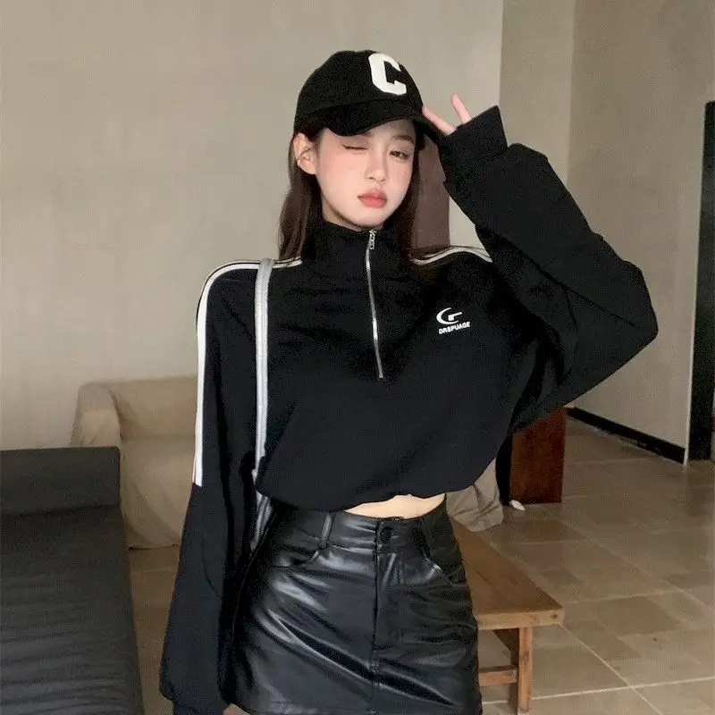 Y2k Streetwear Printed Cropped Tops Women Sexy Anime Hoodies Gothic Loose Drawstring Turn-down Collar Short Jackets Female KPop