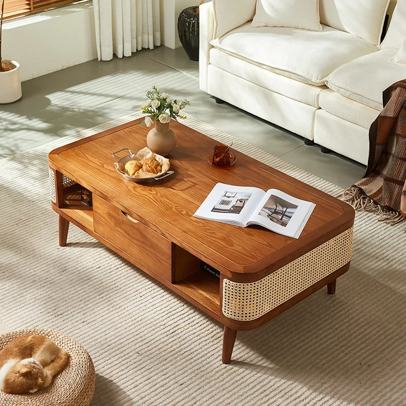 

Medieval rattan drawers coffee table living room, ash wood Japanese combination furniture walnut