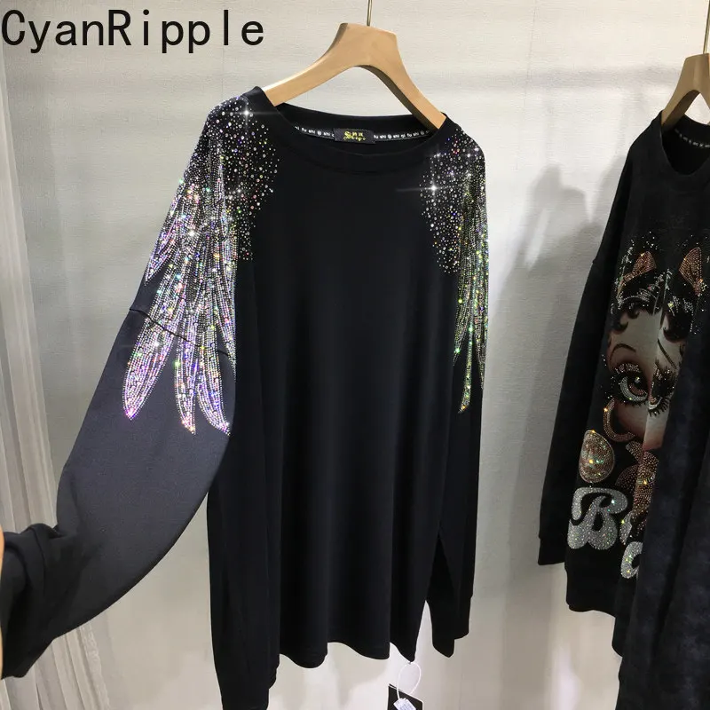 Fashion New Autumn Winter All-match Loose Women Pullover Top Round Neck Luxury Wings Hot Diamonds Mid-long Black Basic T-shirt