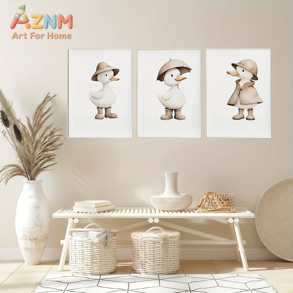AZNM Cute Duck Canvas Wall Art Wearing Hat Raincoat Umbrella Beige Style Frameless Canvas Painting Nursery Kids Room Home Decor