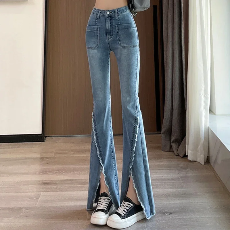 Imagem -03 - Calça Jeans Flare de Cintura Alta Feminina Calças com Fenda Fundo de Sino Azul Bolsos Tiro Calça Queimada Médio Gyaru z a