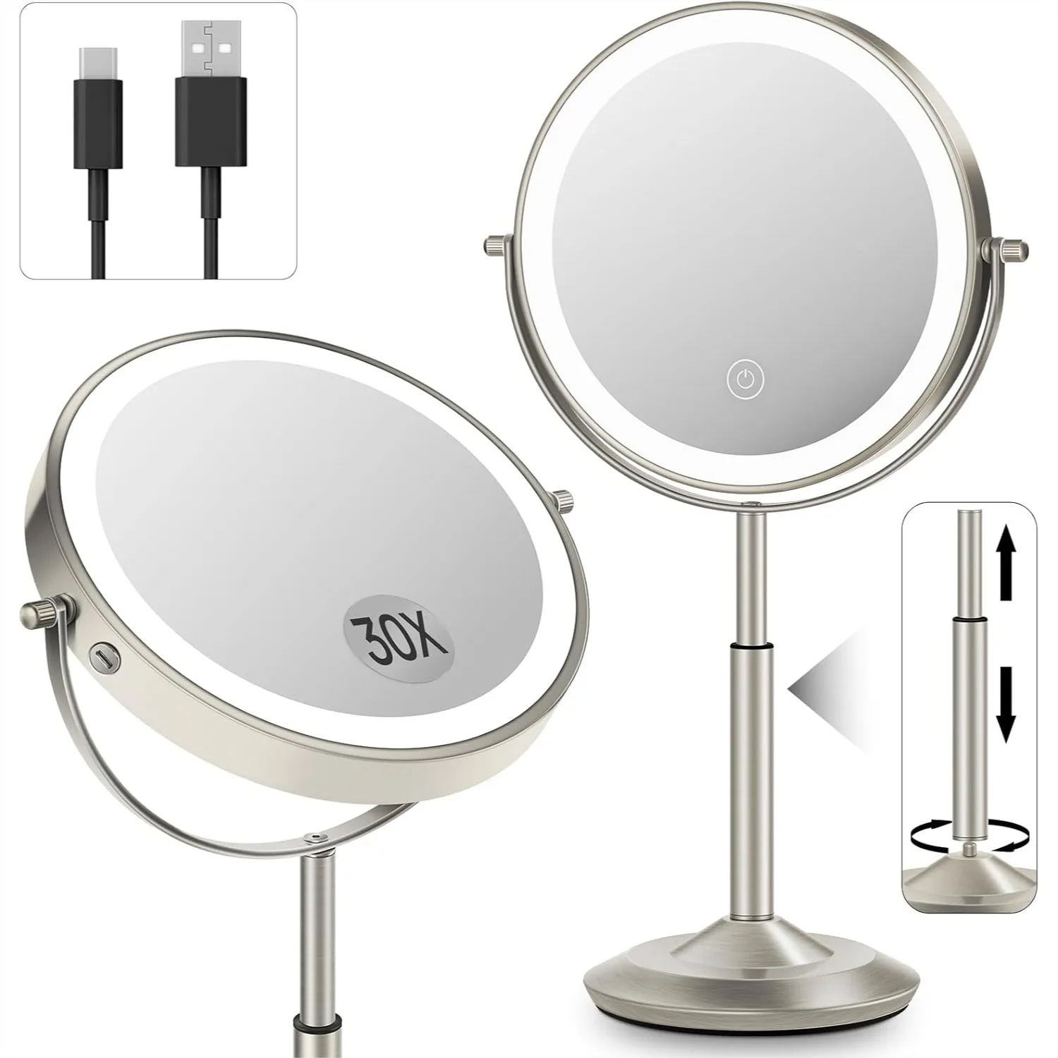 

Double Sided Makeup Mirror With Lights 1X 30X Magnification Height Adjustable 3000mAh Rechargeable 3 LED Lighting For Desk Women