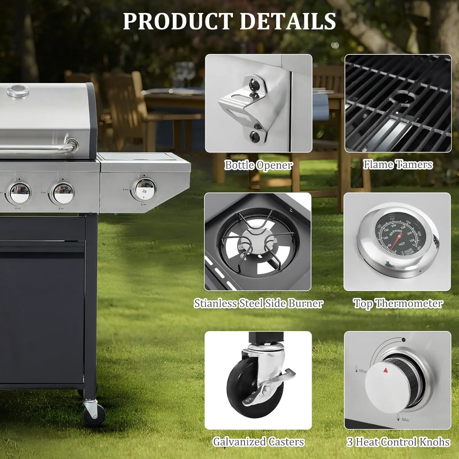 3-Burner Propane Gas BBQ Grill with Side Burner & Porcelain-Enameled Cast Iron Grates Built-in Thermometer, 37,000 BTU O