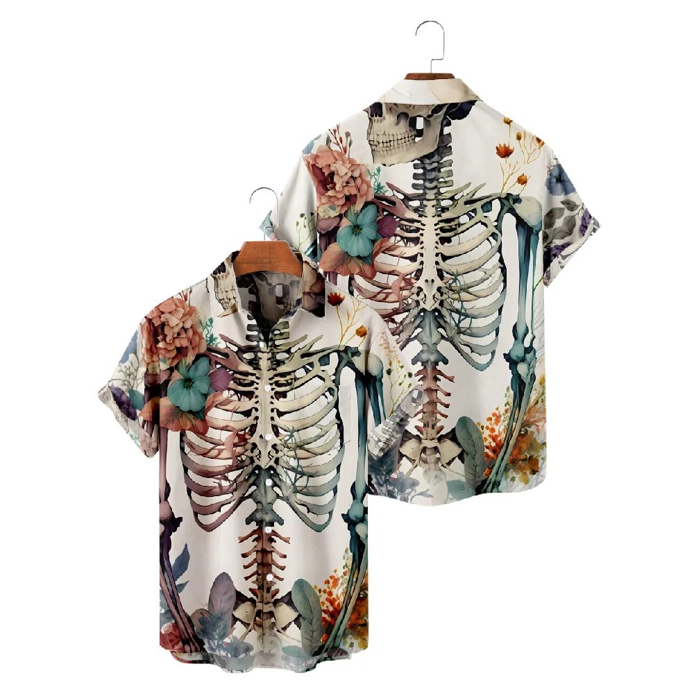 Hawaiian Shirts for Men Cool Skeleton Body Print Short Sleeve Shirts Hawaii Summer Beach Vacation Tops Breathable