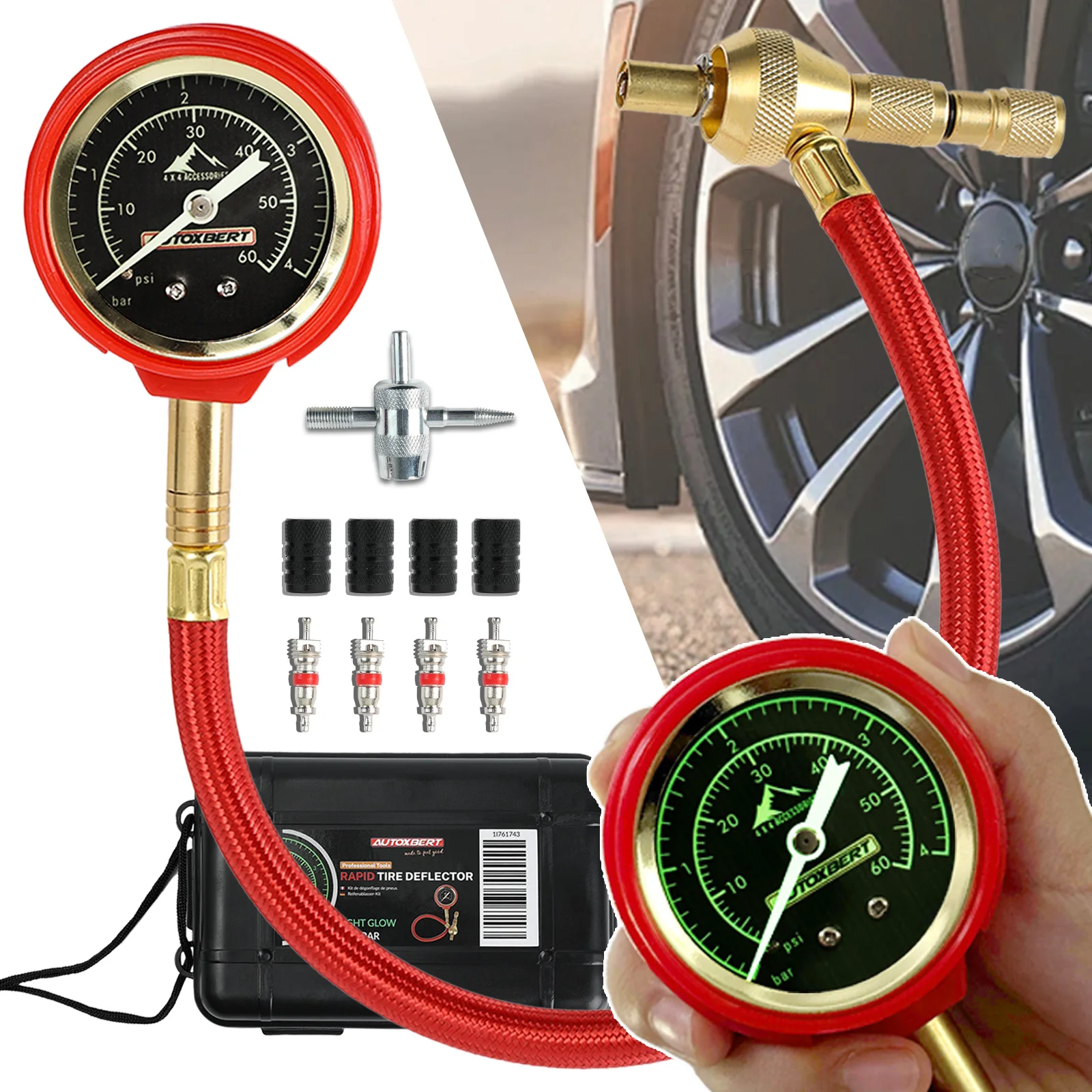 

RapidFlow Tire Deflator Kit 0-60 PSI Glow Dial Dual Scale Air Pressure Gauge for Jeep Truck ATV SUV Etc offroad accessories 4x4