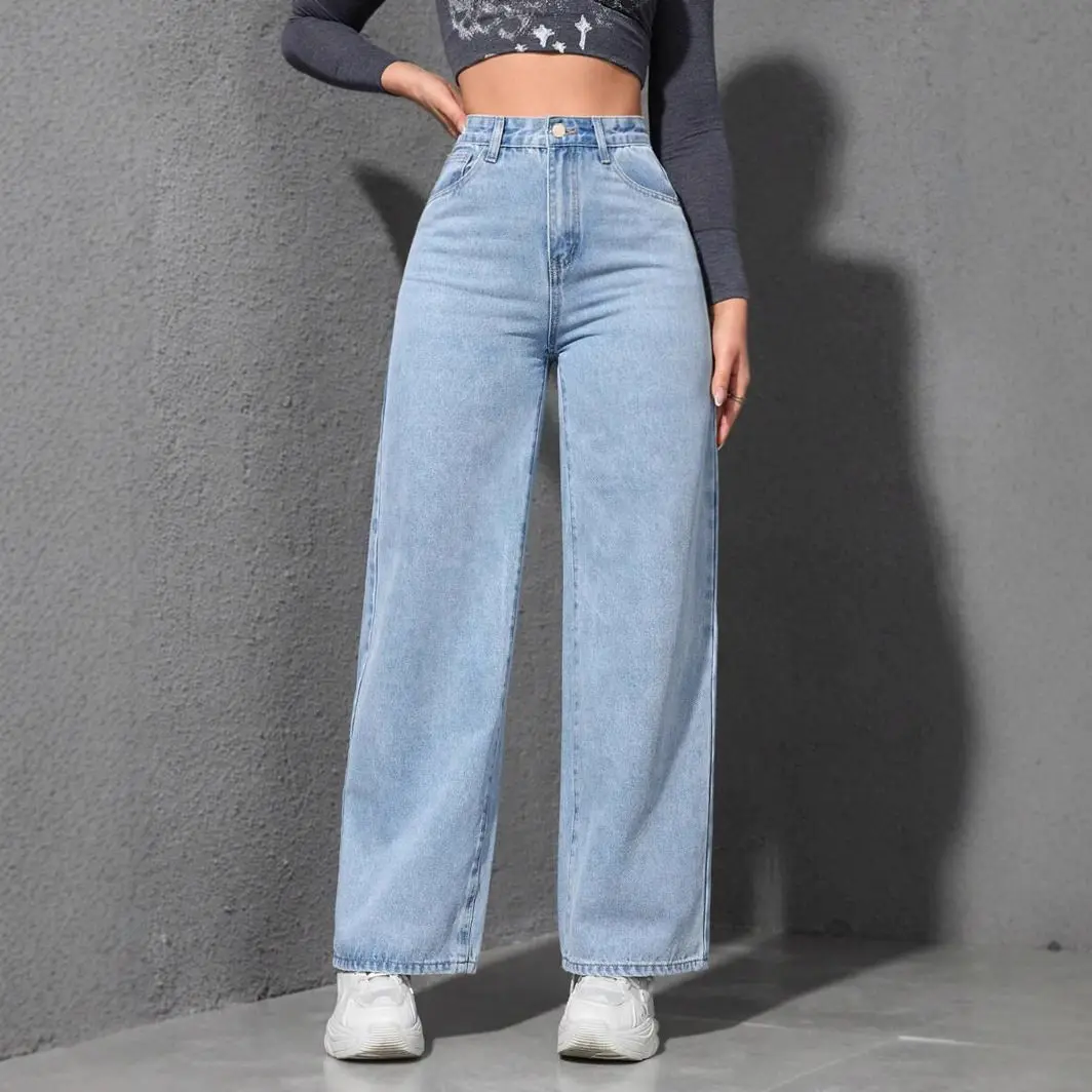 

High Waist Button Denim Jeans Women's Loose Straight Leg Jeans Commuter Versatile Wide Leg Jeans Trendy Casual Style