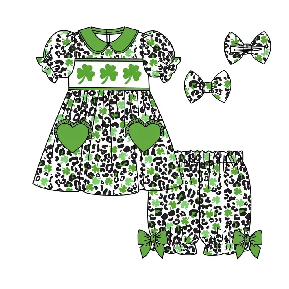 Hot selling children's clothing wholesale girls' suits boutique St. Patrick's Day short sleeved shorts love pocket lapel pajama