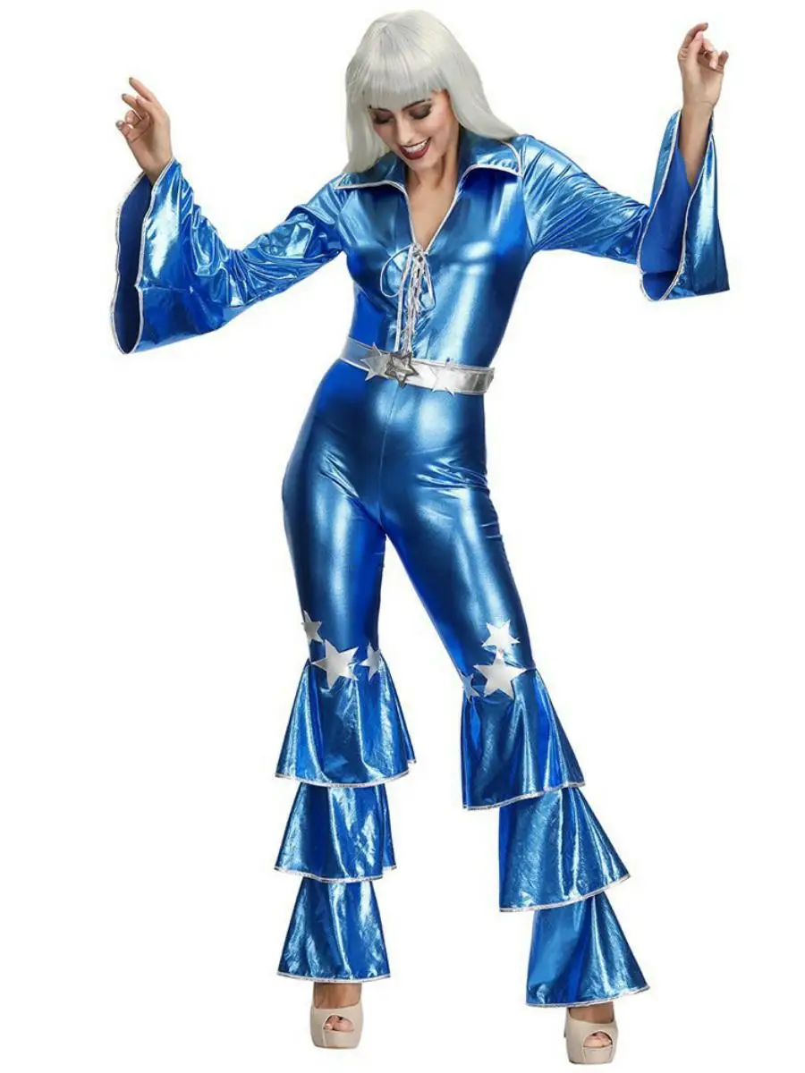 Blauwe Disco Prestaties Outfit 70s Sle Retro Jumpsuit voor Fem Singer Nachtclub Bar Prestaties Kostuum Halloween Kostuum