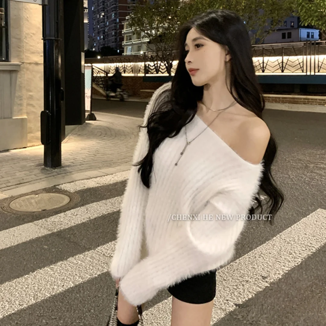 Soft Cozy Women's Knitted Sweater V-Neck Loose Medium-Length Pure Color Fall Winter New Style Lazy Style Fashionable Outerwear