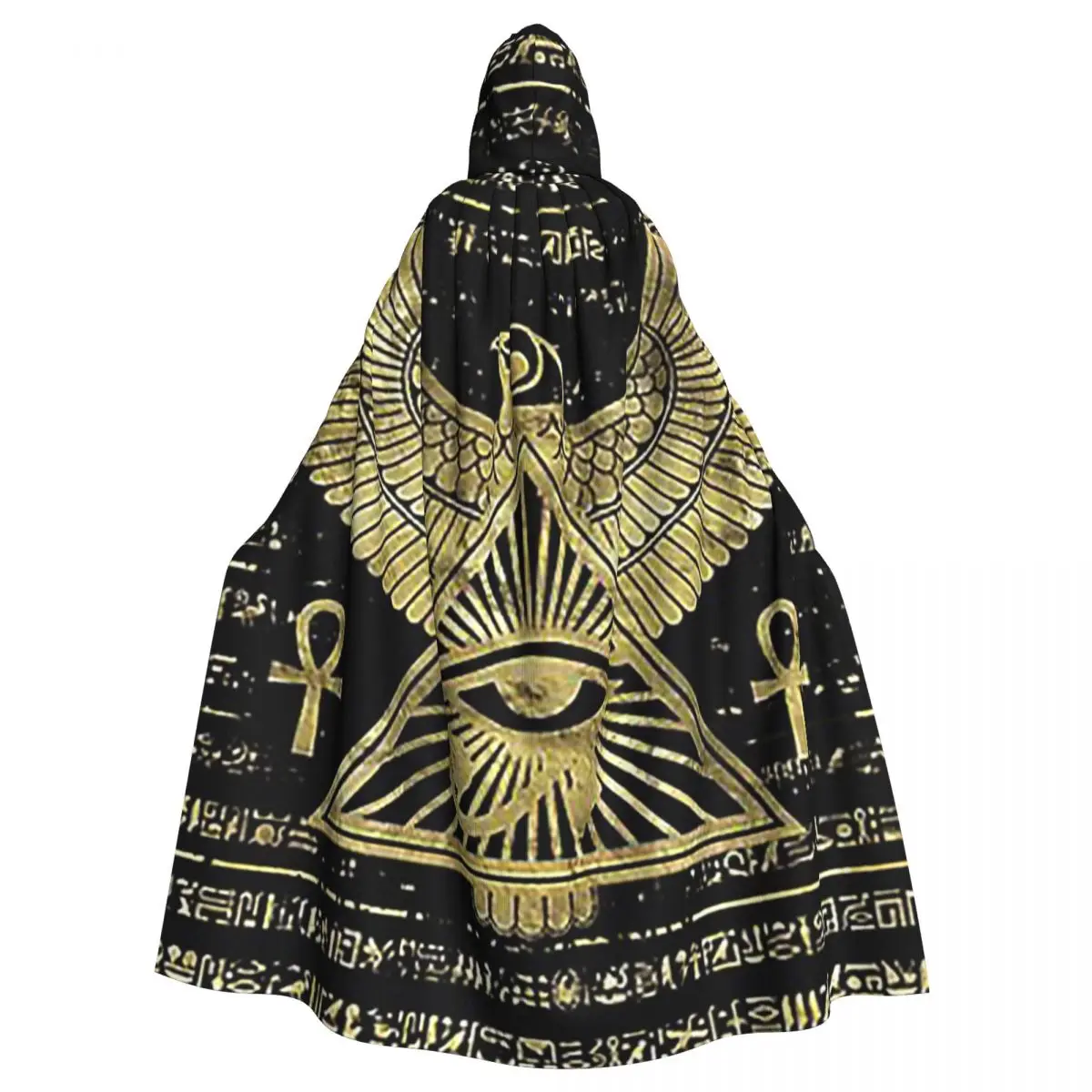 Egyptian Eye Of Horus Wadjet Gold And Black Long Hooded Cloak Witch Medieval Costume Cosplay Cape HalloweenCoat Adult Unisex