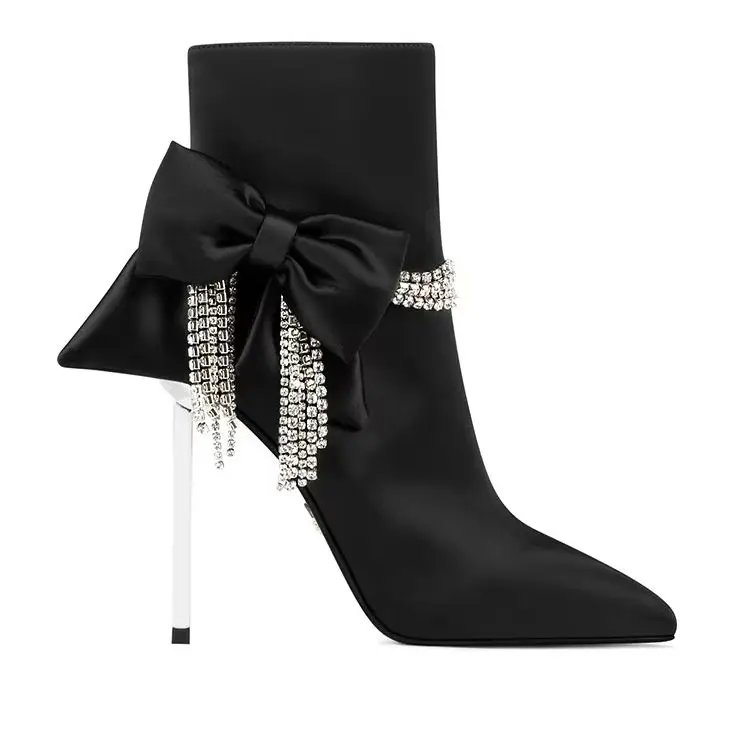 Silk Butterfly Knot Rhinestone Side Zipper Boots Pointed Toe Slip On Stiletto Metal Heel Dress Autumn New Arrival Women Shoes