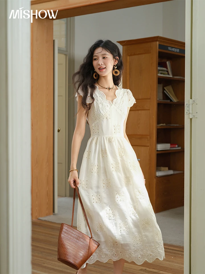 MISHOW Women's Flying Sleeve V-neck Hollow Dress 2025 Summer
