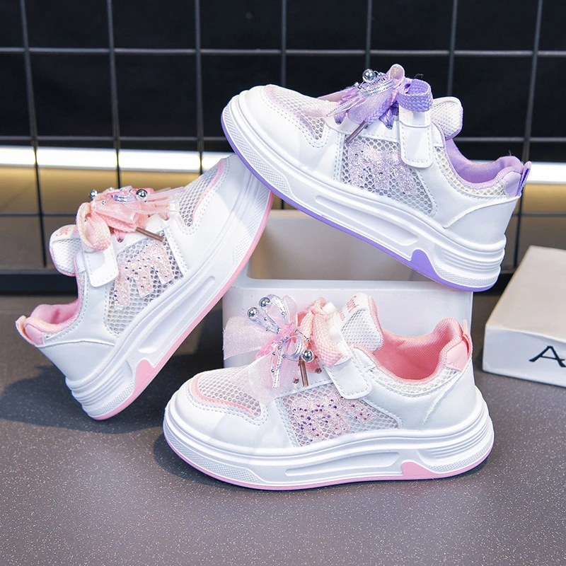 Mumoresip Girls Casual Shoes Mesh Breathable Kids Sports Shoes Hook&loop Soft Sole 2026 Brand New Children Princess Shoes Sweet