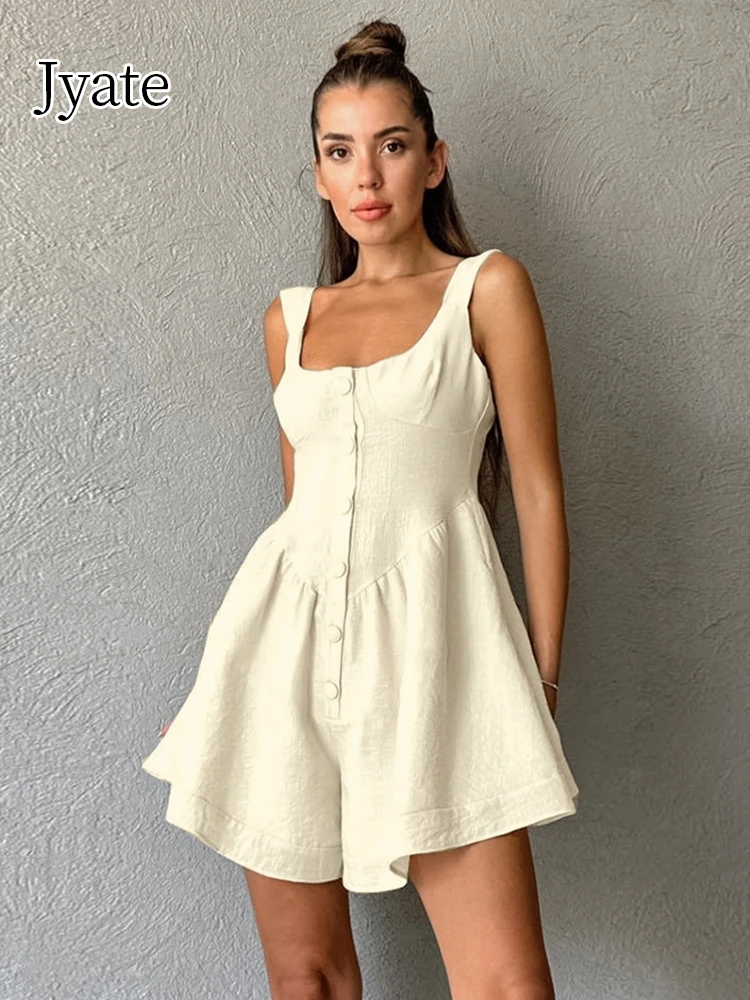 Jyate 2024 Summer New Khaki Cotton Linen Women Rompers Sleeveless Button Tank Shorts Jumpsuits Boho Beach One Piece Vacation