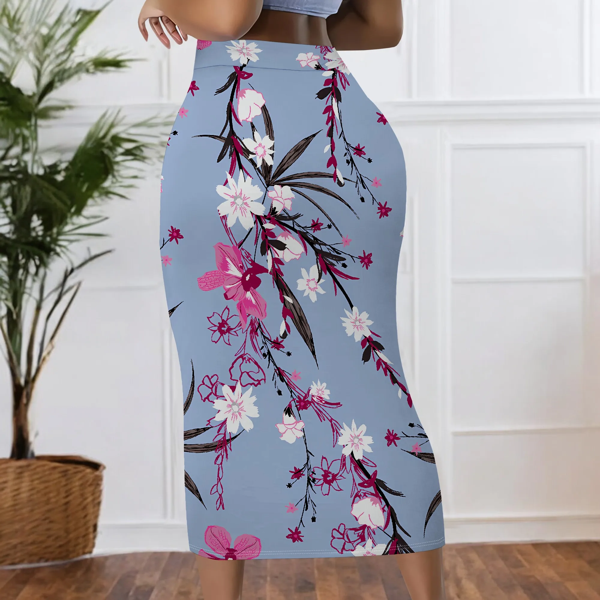 Blumendruck-Midirock, Rosa Blumen-Bleistiftrock, Blauer Botanischer Bodycon-Rock für Damen Büro- und Partykleidung, S-2XL – Detail 4