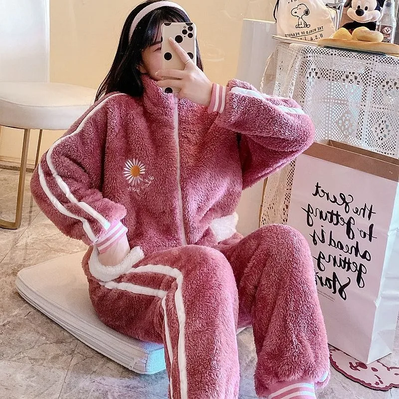 Autumn Winter Thickened Homewear Set Zipper Coral Velvet Pajamas Women's Hig Neck Pyjamas Plus Size Sleepwear Sporty Nightdress