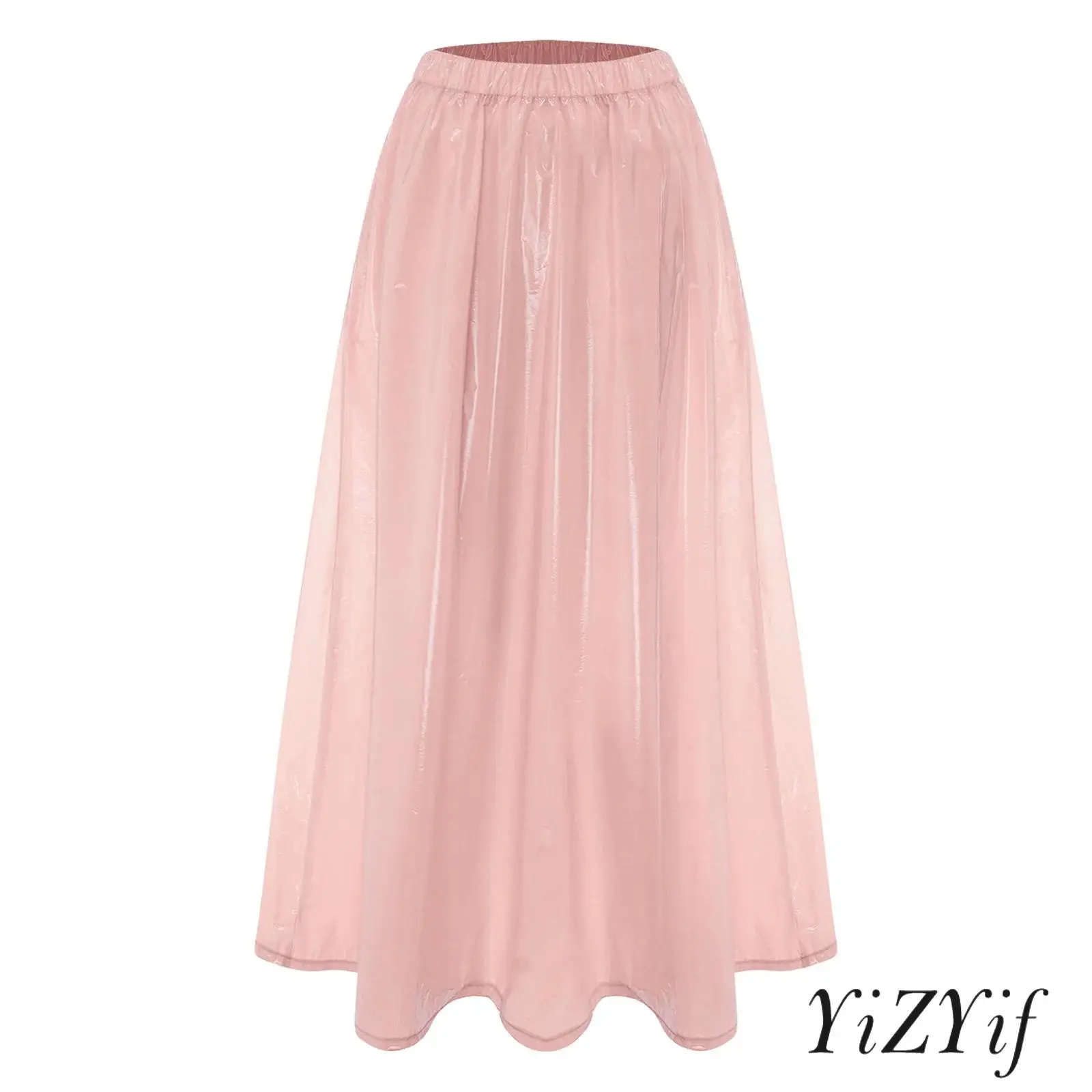 

Women Waterproof Vinyl Long Skirt Elastic Waistband Swing Skirt Glossy Cover-up Maxi Skirt Clubwear for Rave Party Beach