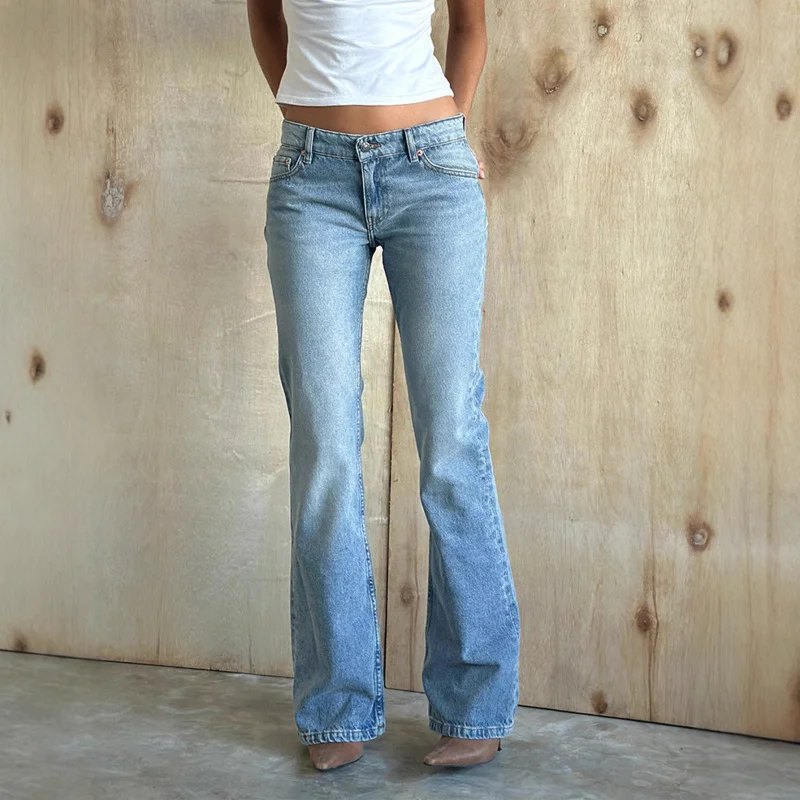 Jeans da donna versatili alla moda elasticizzati leggermente svasati a vita alta europei americani primaverili e autunnali