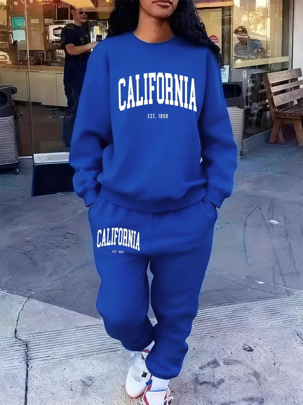 2 Pcs Hoodies Set Women California 1850 Letter Print Sweatpants Fleece Pocket Sweatshirt Jogging Outfits Winter Loose Clothes