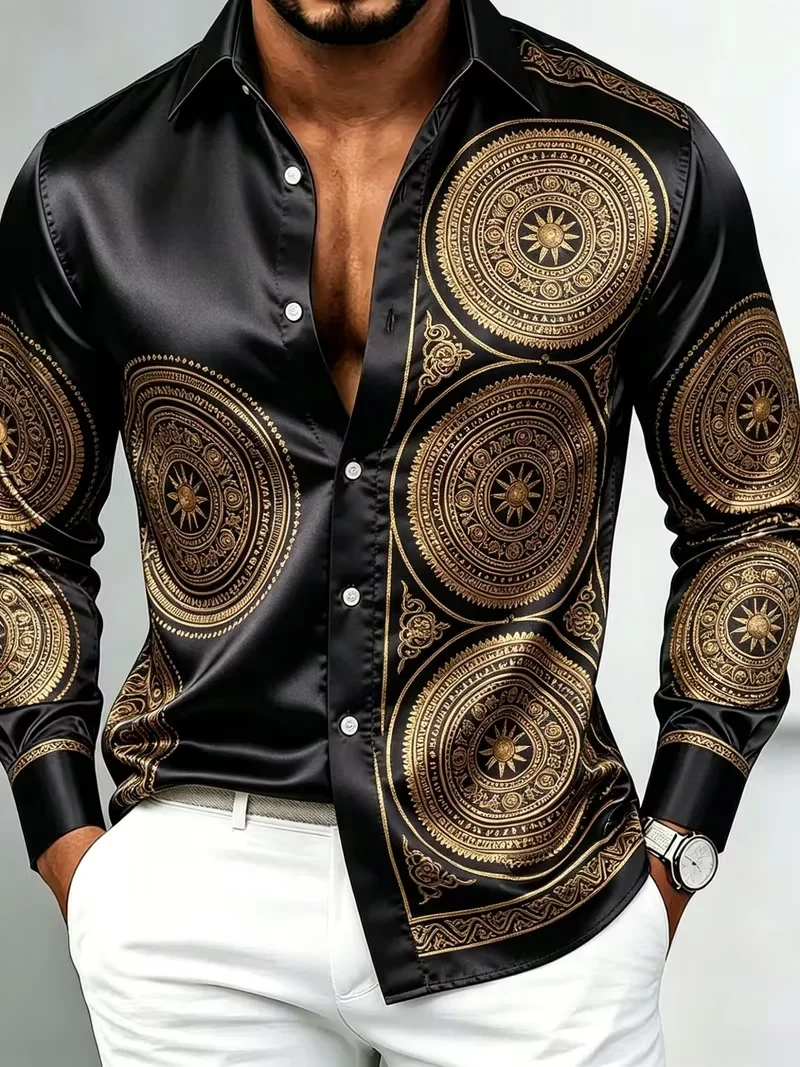 New minimalist totem slim fit shirt olive green mirror earth color tribal circle art print men's long sleeved shirt