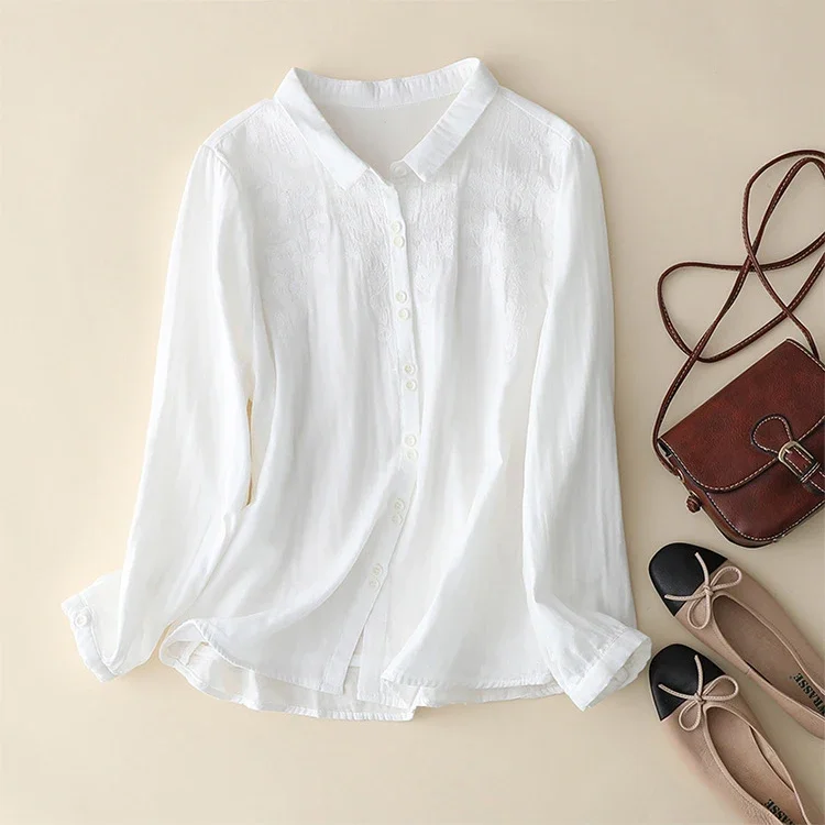 Embroidery Chinese Style Blouses Summer Vintage Women's Shirts Long Sleeve Cotton Linen Clothing Loose Women Top 2024 Korean