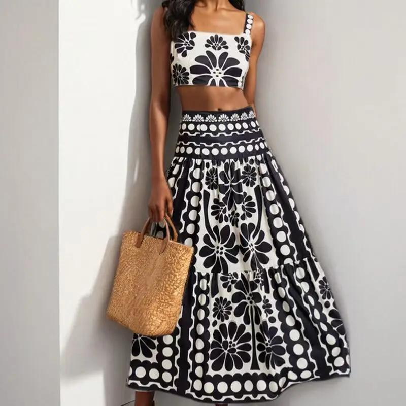 

Classic Bla White Floral ter Top And High Waist Skirt Set for Women Sli Faionable Spring Collection