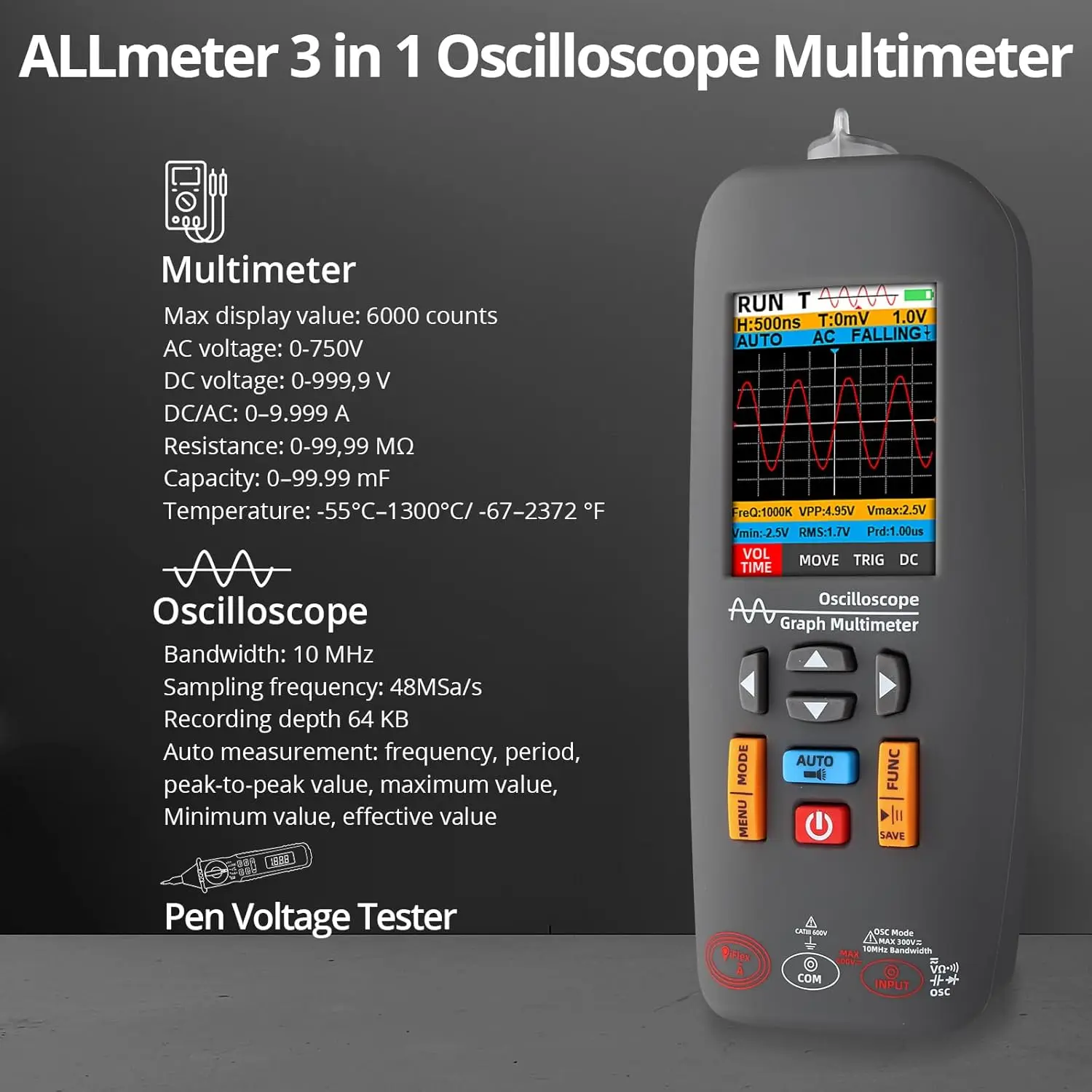 ALLmeter 3-in-1-Oszilloskop-Multimeter mit 10 MHz Bandbreite, 48 MSa/s-Abtastung, 10.000 Zähler, 10 MΩ/600 V Sicherheit